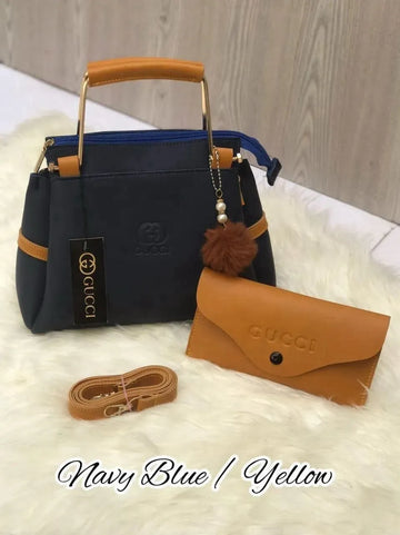 Mustard Coffee Leather Handbag with Wallet & Strap