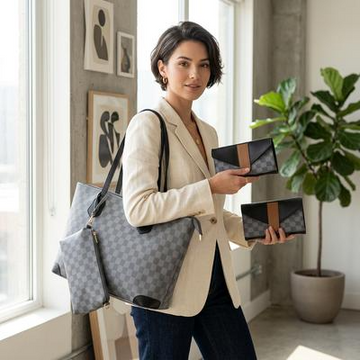 Grey Checkered 3-Piece PU Leather Shoulder Bag Set
