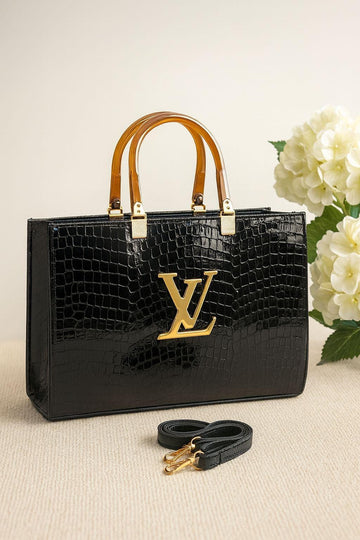Black Rexine Tote Bag with Gold Logo & Detachable Strap