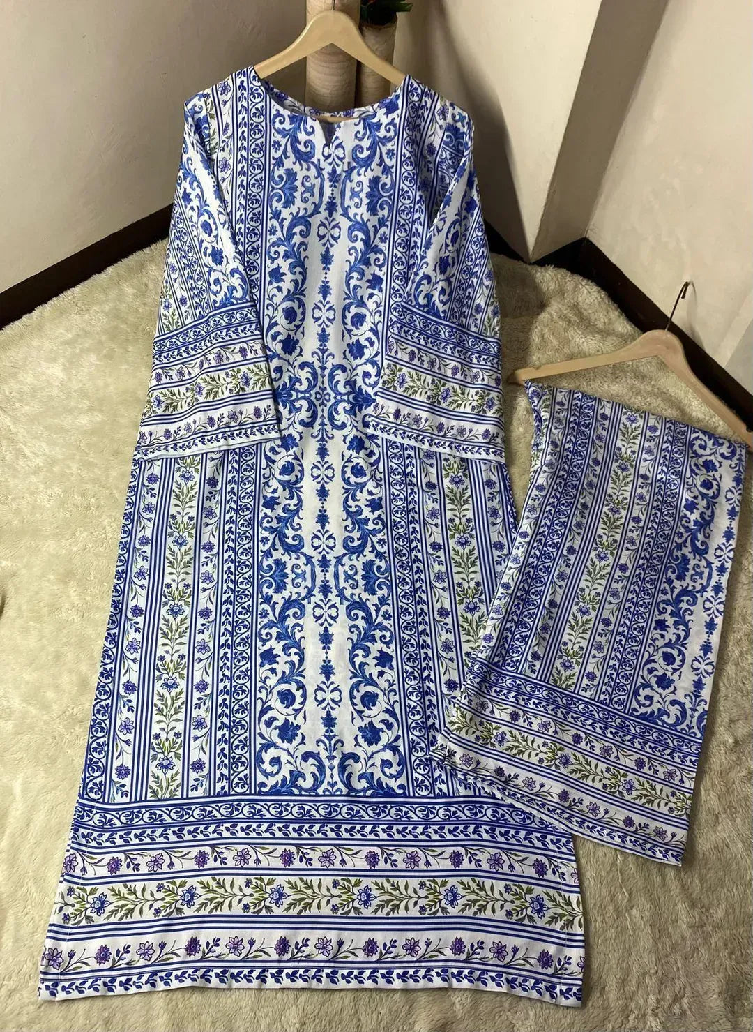 Long Printed 2PC Doria Lawn Suit Blue White